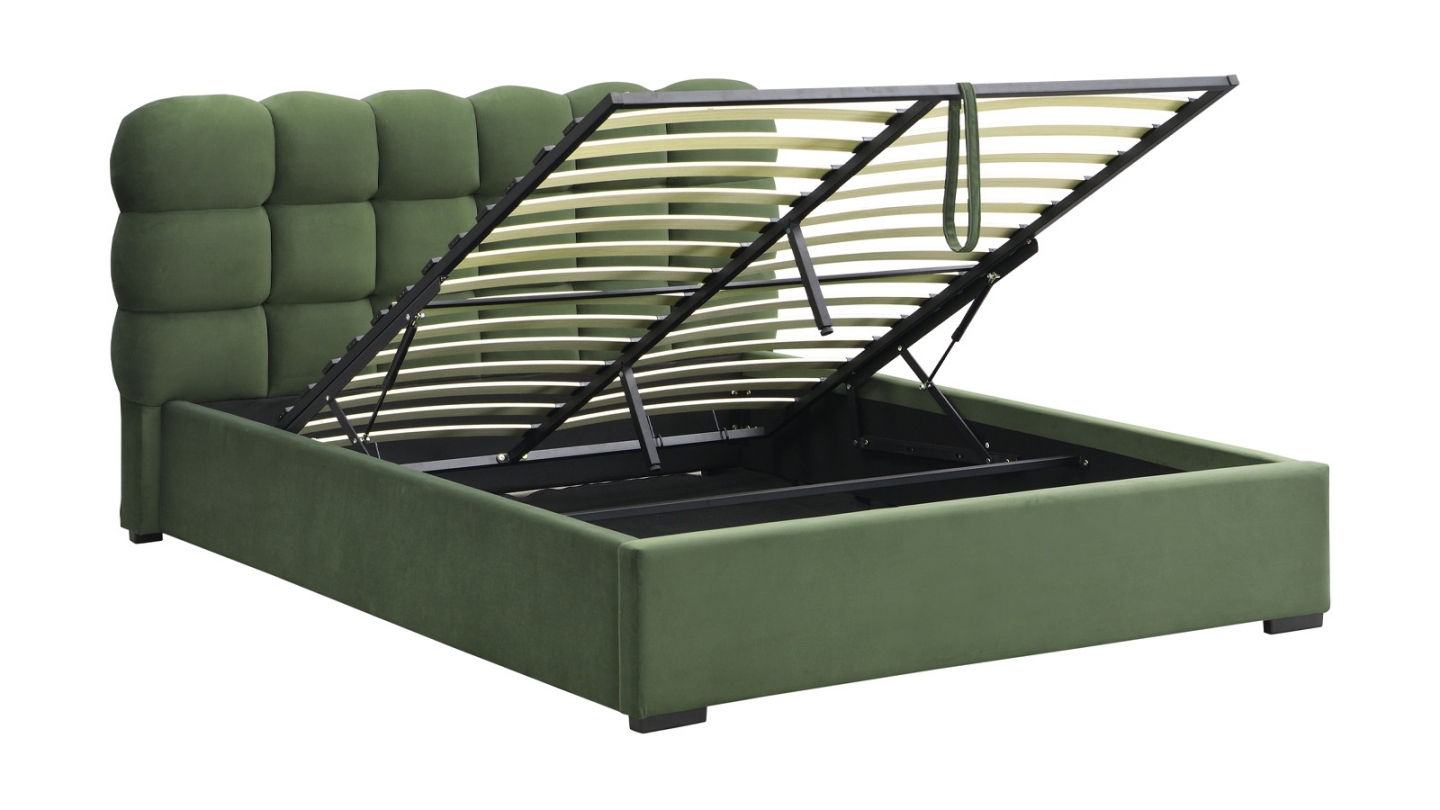 Lit coffre adulte 140x190 cm avec sommier et tête de lit capitonnée en velours vert kaki - Lola