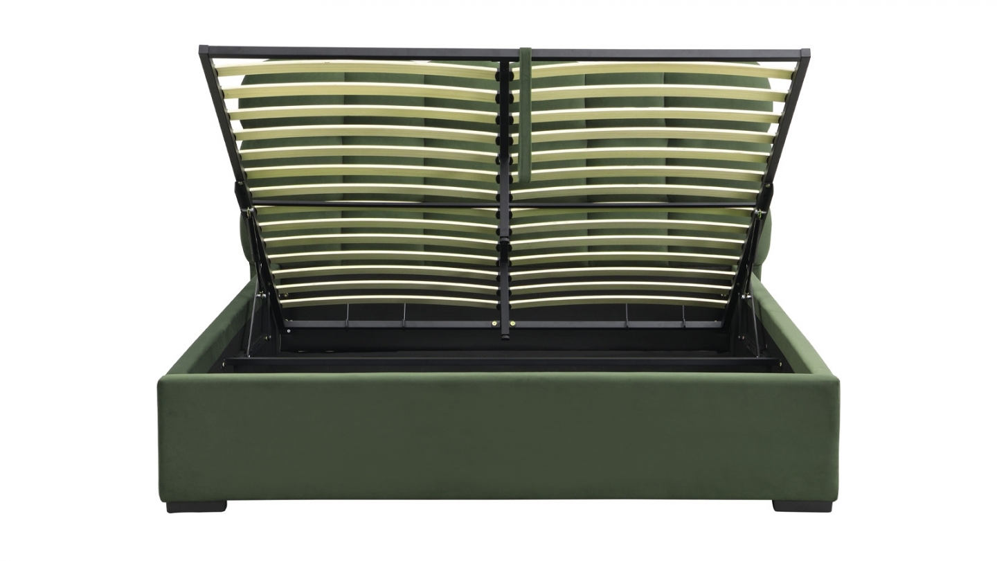 Lit coffre adulte 140x190 cm avec sommier et tête de lit capitonnée en velours vert kaki - Lola