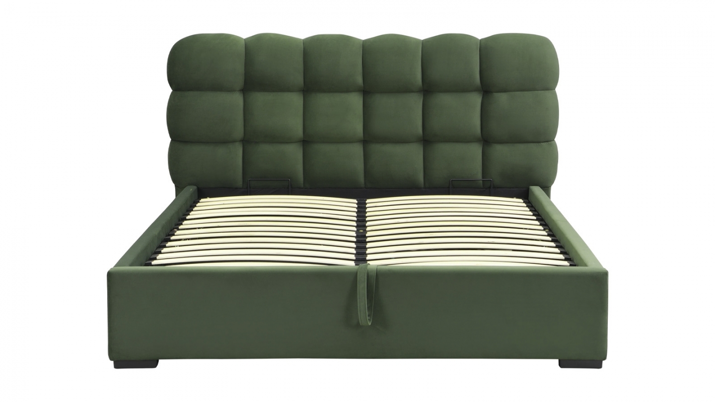 Lit coffre adulte 140x190 cm avec sommier et tête de lit capitonnée en velours vert kaki - Lola