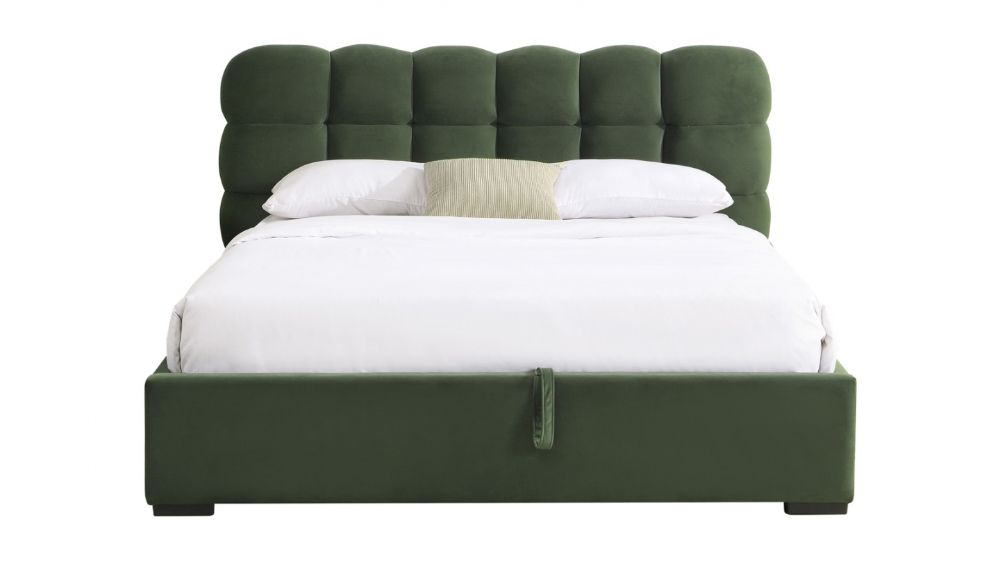 Lit coffre adulte 140x190 cm avec sommier et tête de lit capitonnée en velours vert kaki - Lola