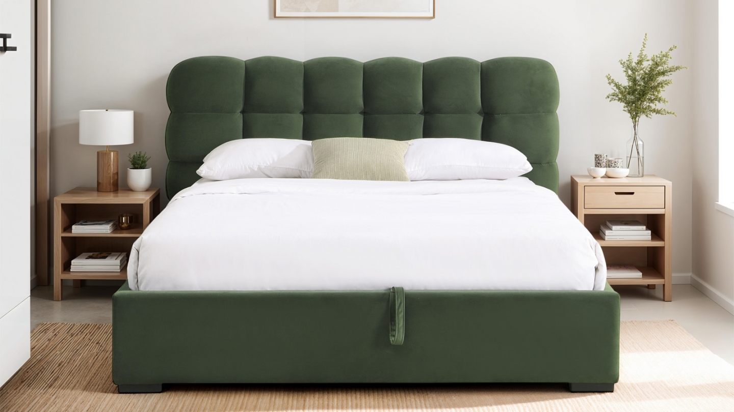 Lit coffre adulte 140x190 cm avec sommier et tête de lit capitonnée en velours vert kaki - Lola