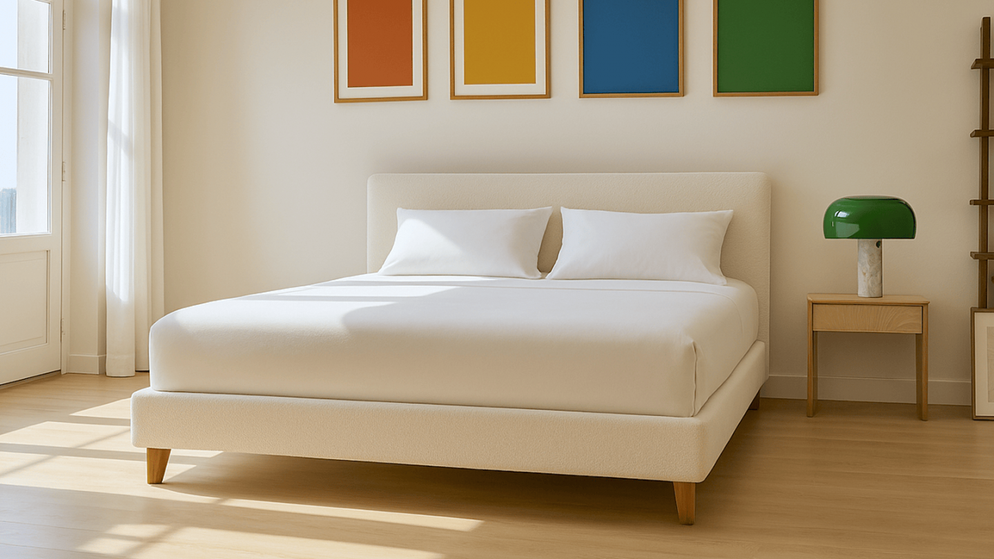 Lit adulte 140x190 cm avec tête de lit capitonnée en tissu bouclé beige - Milo