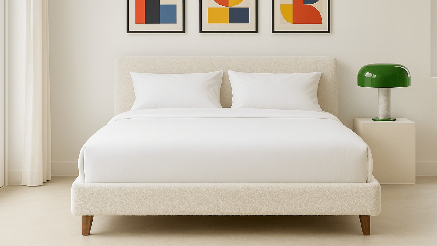 Lit adulte 140x190 cm avec tête de lit capitonnée en tissu bouclé beige - Milo