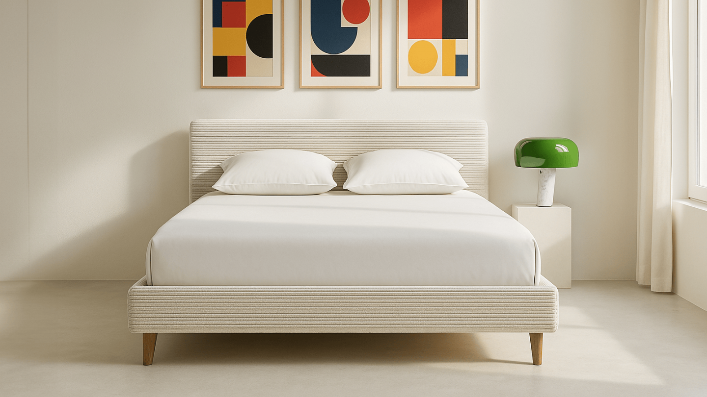 Lit adulte 160x200 cm avec tête de lit capitonnée en velours côtelé beige - Milo