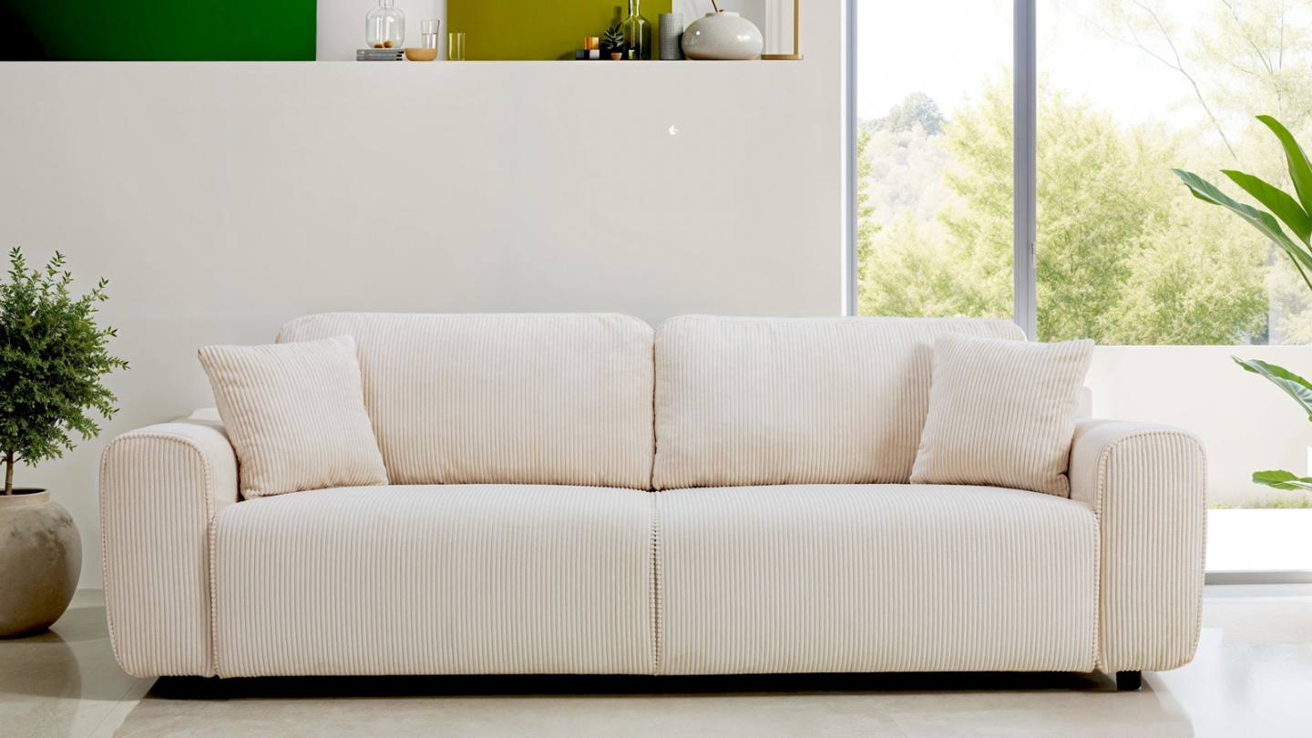 Canapé convertible 3 places en velours côtelé beige - Grazia
