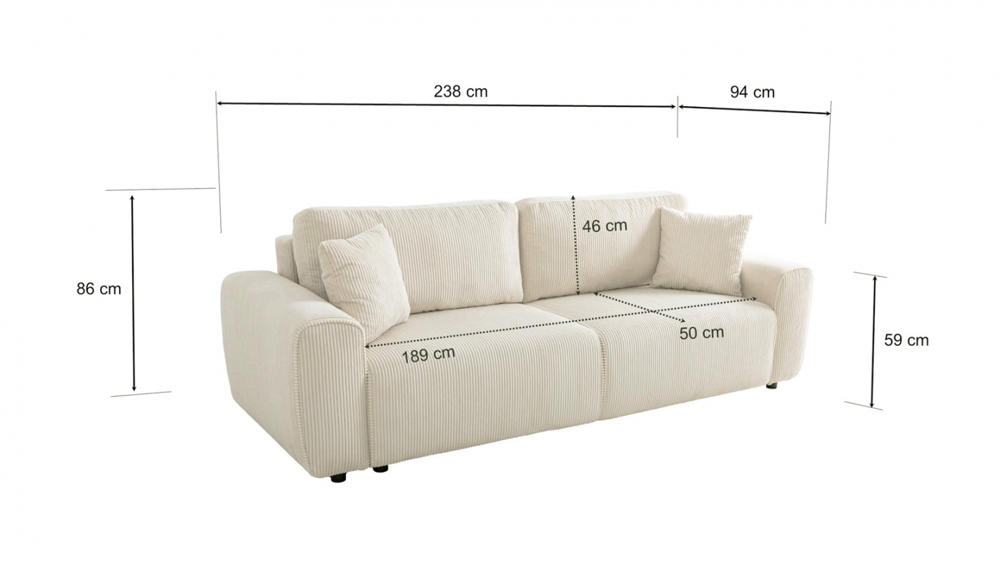 Canapé convertible 3 places en velours côtelé beige - Grazia