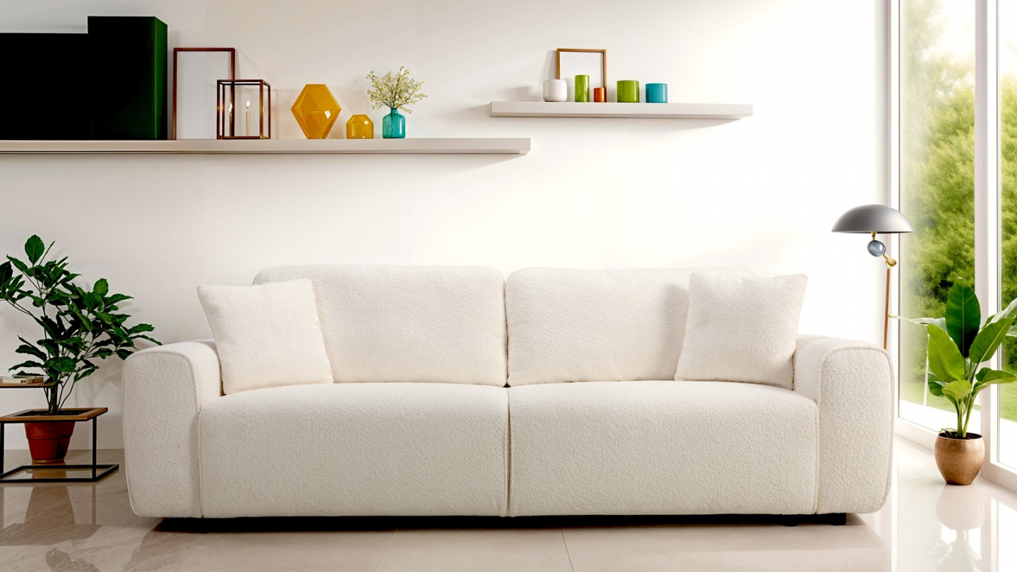 Canapé convertible 3 places en tissu bouclé beige - Grazia