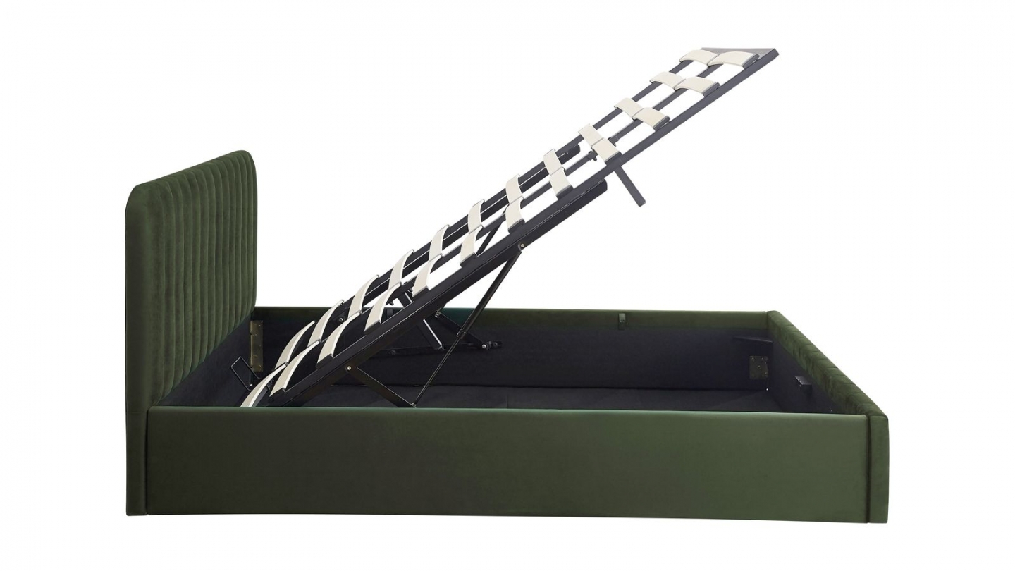 Lit coffre adulte 140x190 cm avec tête de lit capitonnée en velours vert kaki - Ava