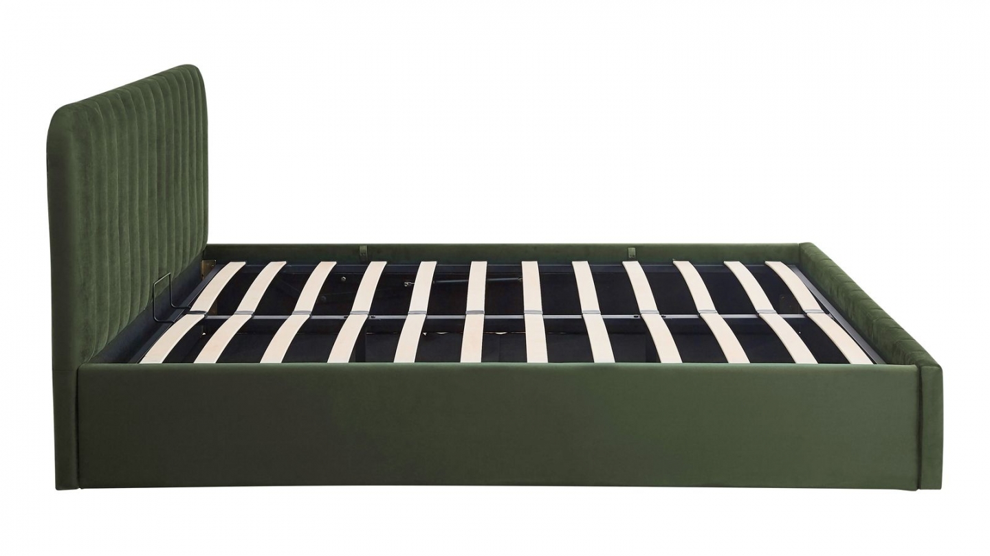 Lit coffre adulte 140x190 cm avec tête de lit capitonnée en velours vert kaki - Ava
