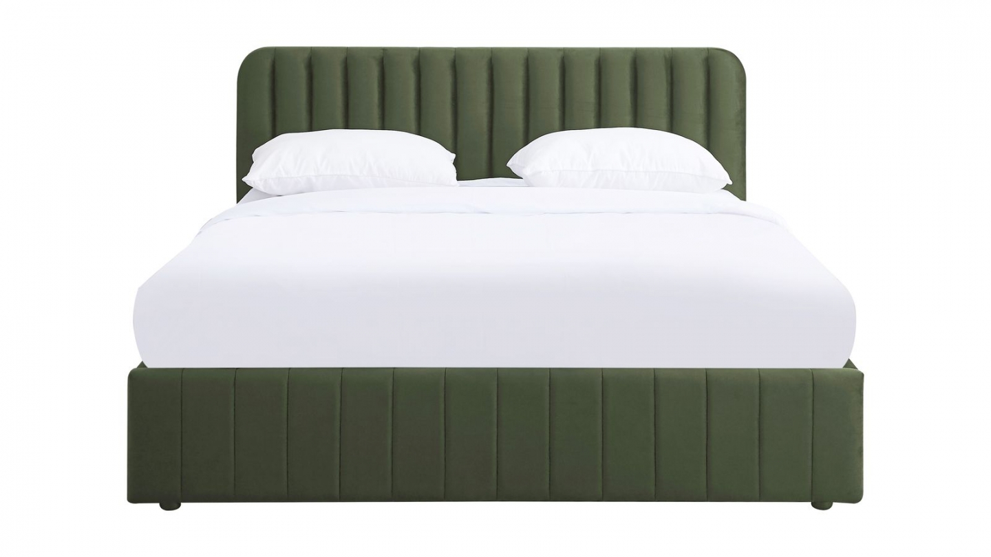 Lit coffre adulte 140x190 cm avec tête de lit capitonnée en velours vert kaki - Ava