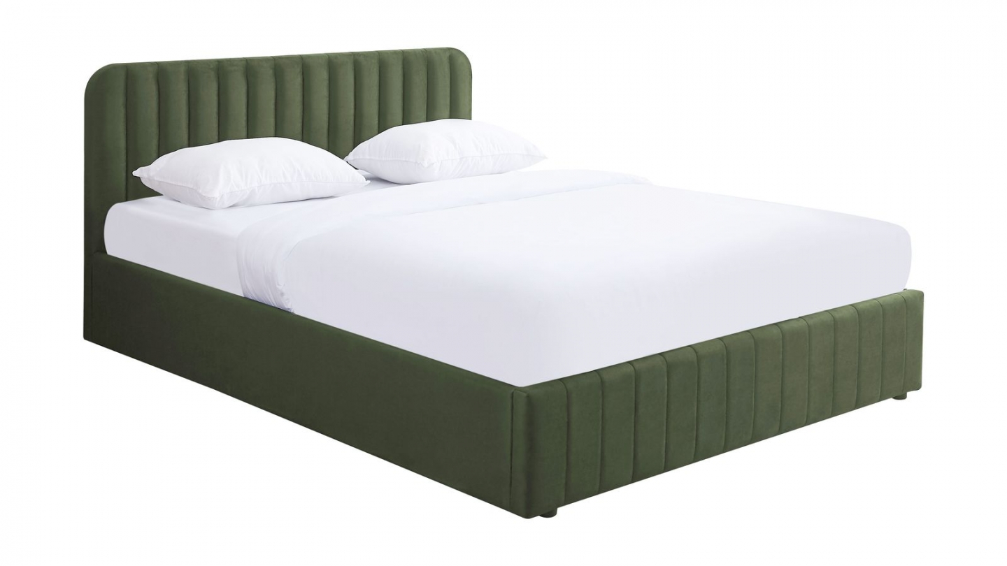 Lit coffre adulte 140x190 cm avec tête de lit capitonnée en velours vert kaki - Ava