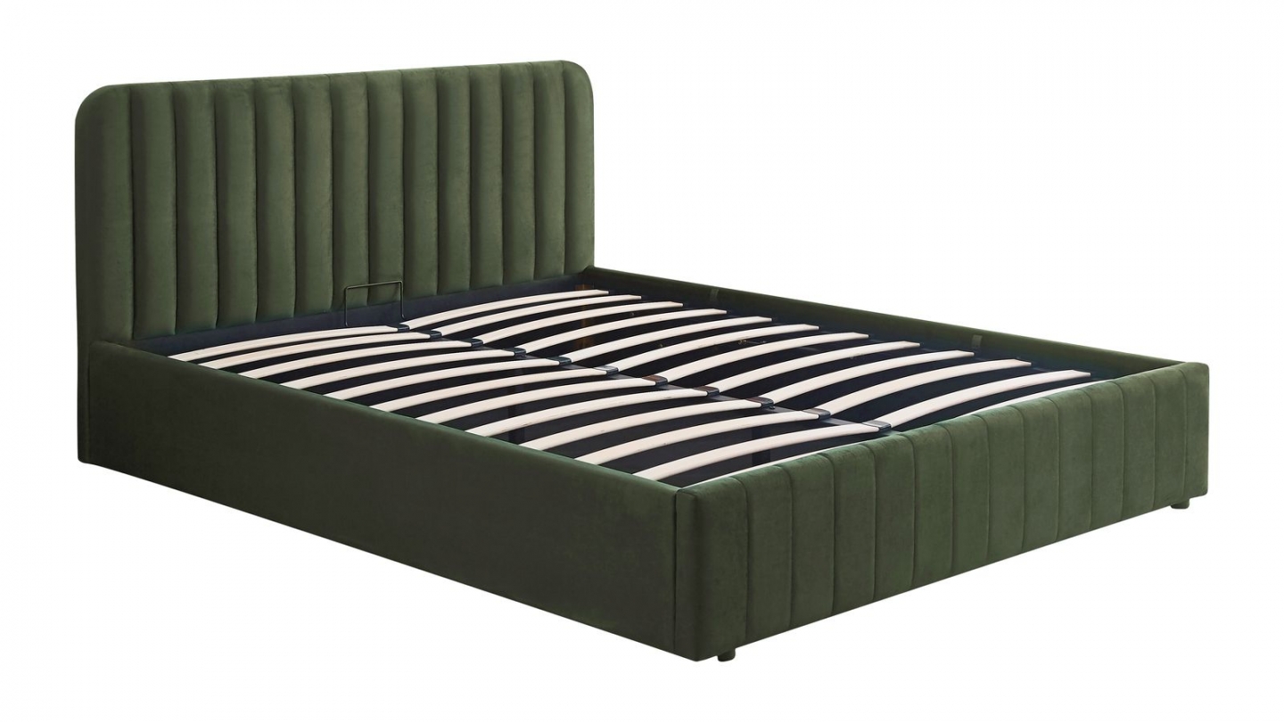 Lit coffre adulte 140x190 cm avec tête de lit capitonnée en velours vert kaki - Ava