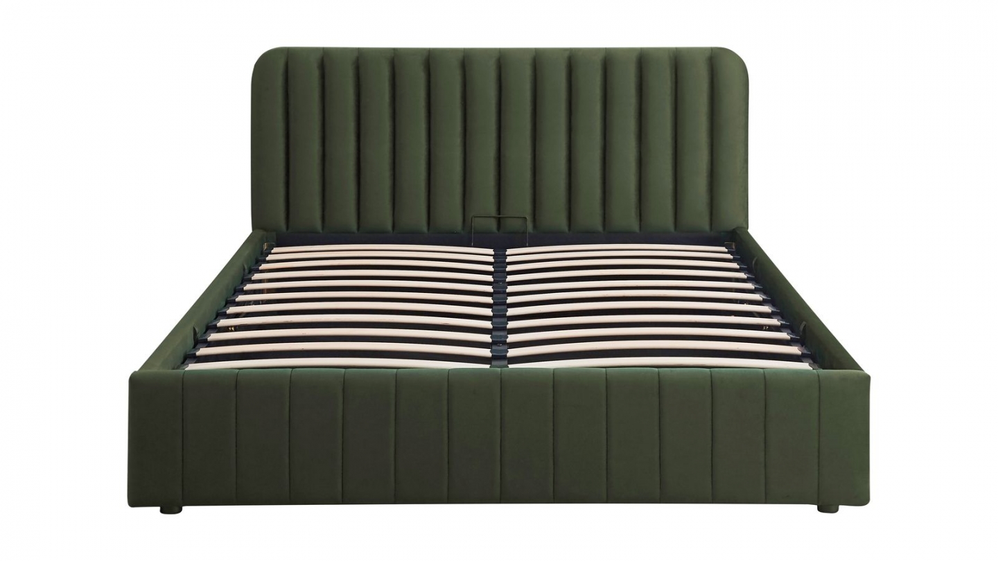 Lit coffre adulte 140x190 cm avec tête de lit capitonnée en velours vert kaki - Ava