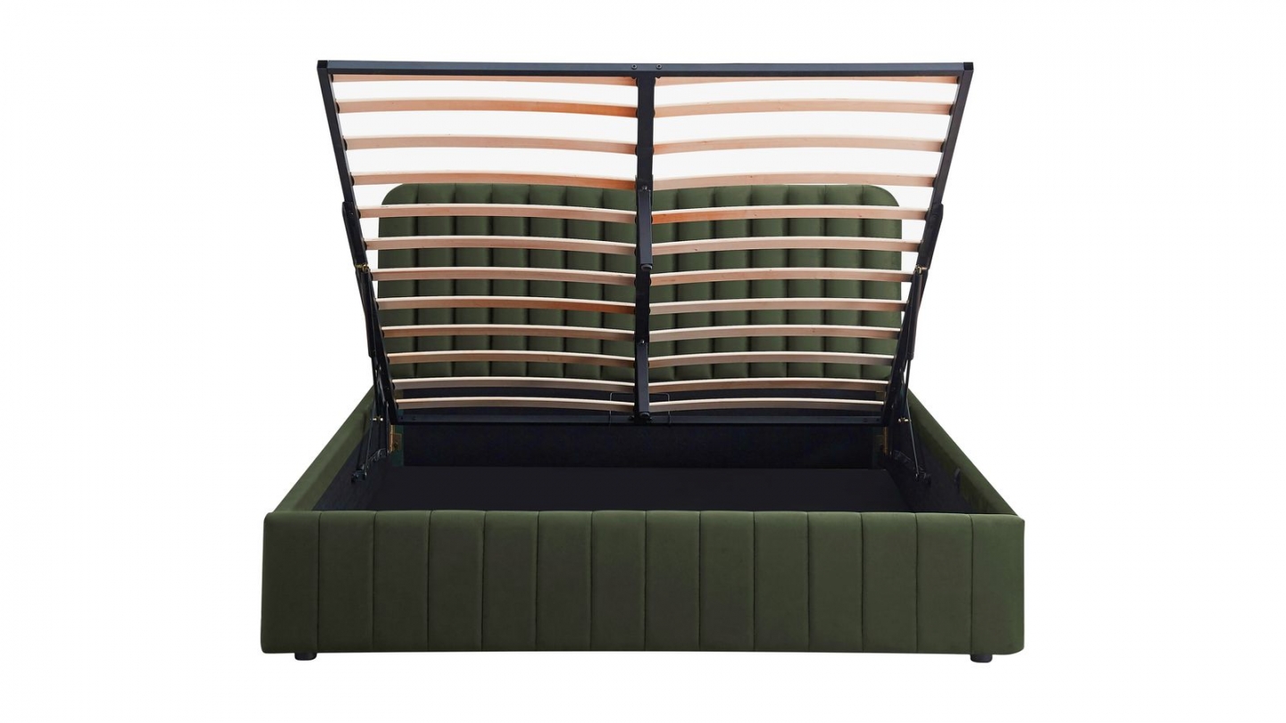 Lit coffre adulte 140x190 cm avec tête de lit capitonnée en velours vert kaki - Ava
