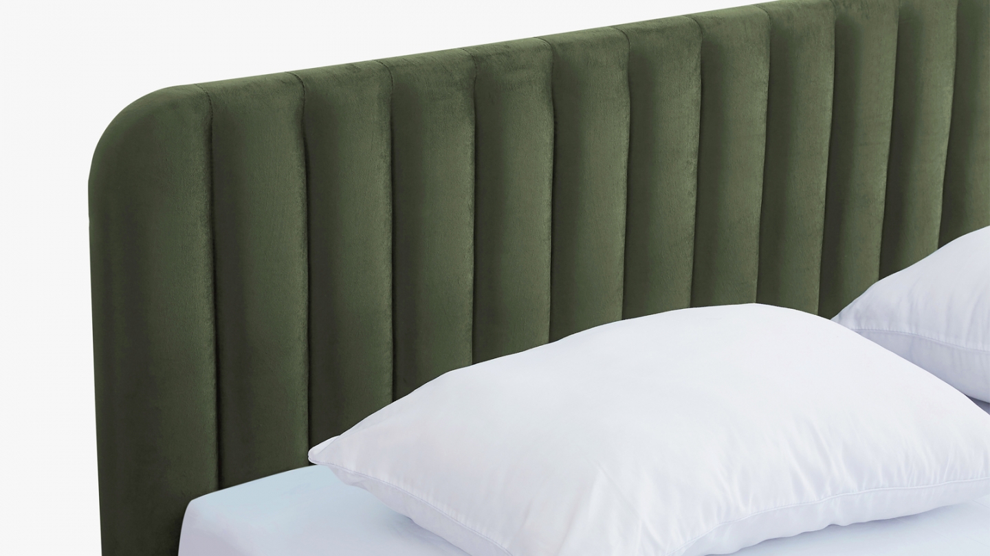 Lit coffre adulte 140x190 cm avec tête de lit capitonnée en velours vert kaki - Ava