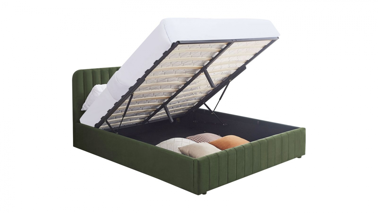 Lit coffre adulte 140x190 cm avec tête de lit capitonnée en velours vert kaki - Ava