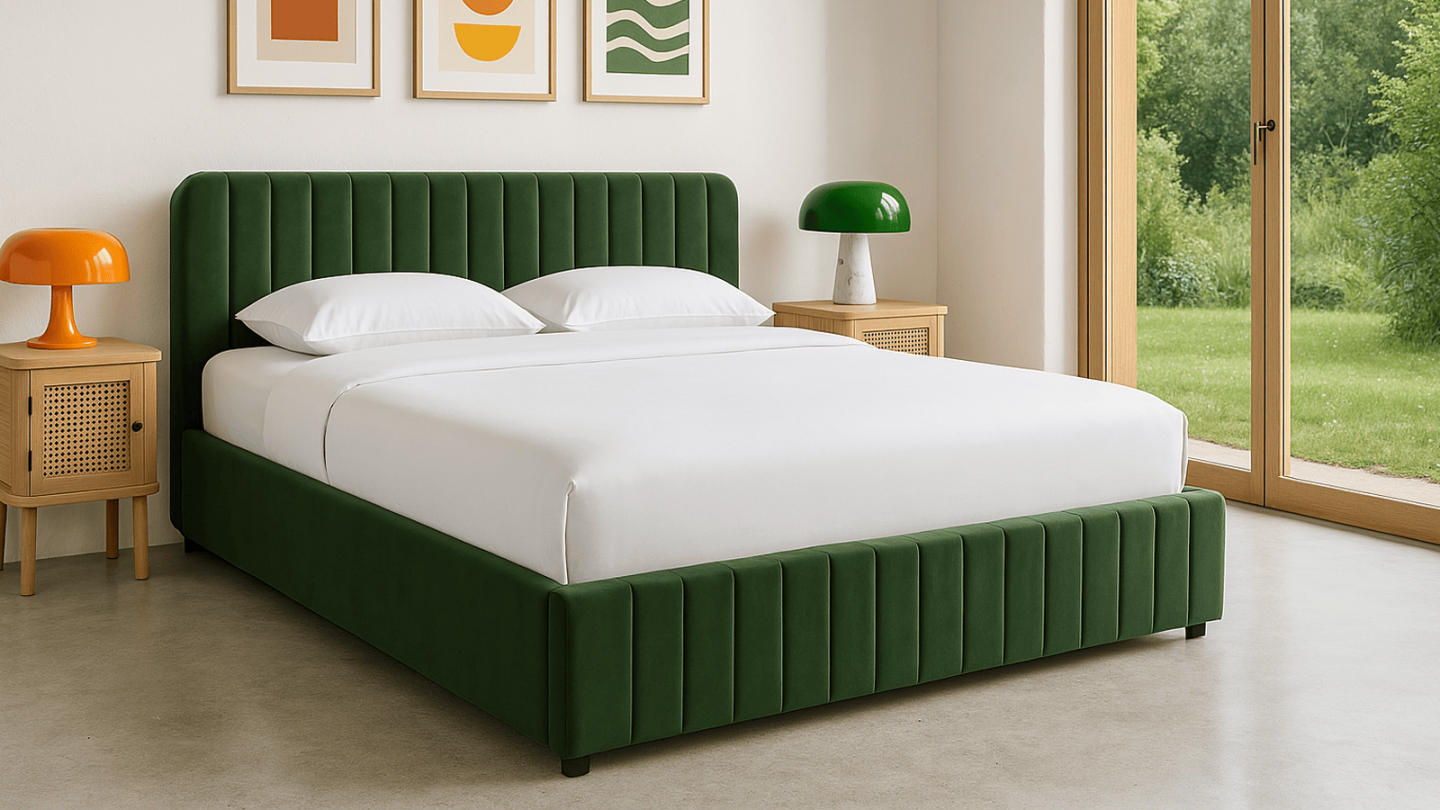 Lit coffre adulte 140x190 cm avec tête de lit capitonnée en velours vert kaki - Ava