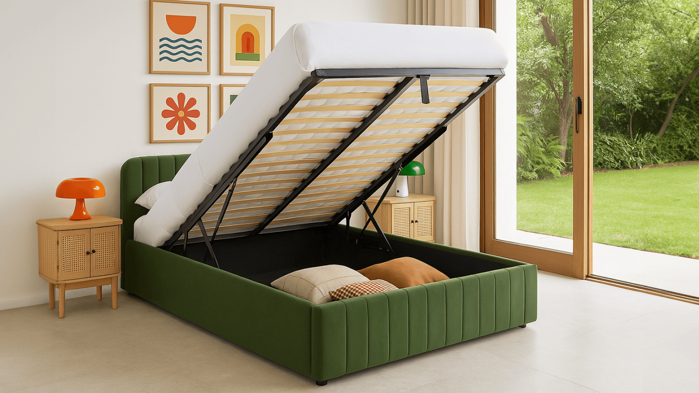 Lit coffre adulte 140x190 cm avec tête de lit capitonnée en velours vert kaki - Ava