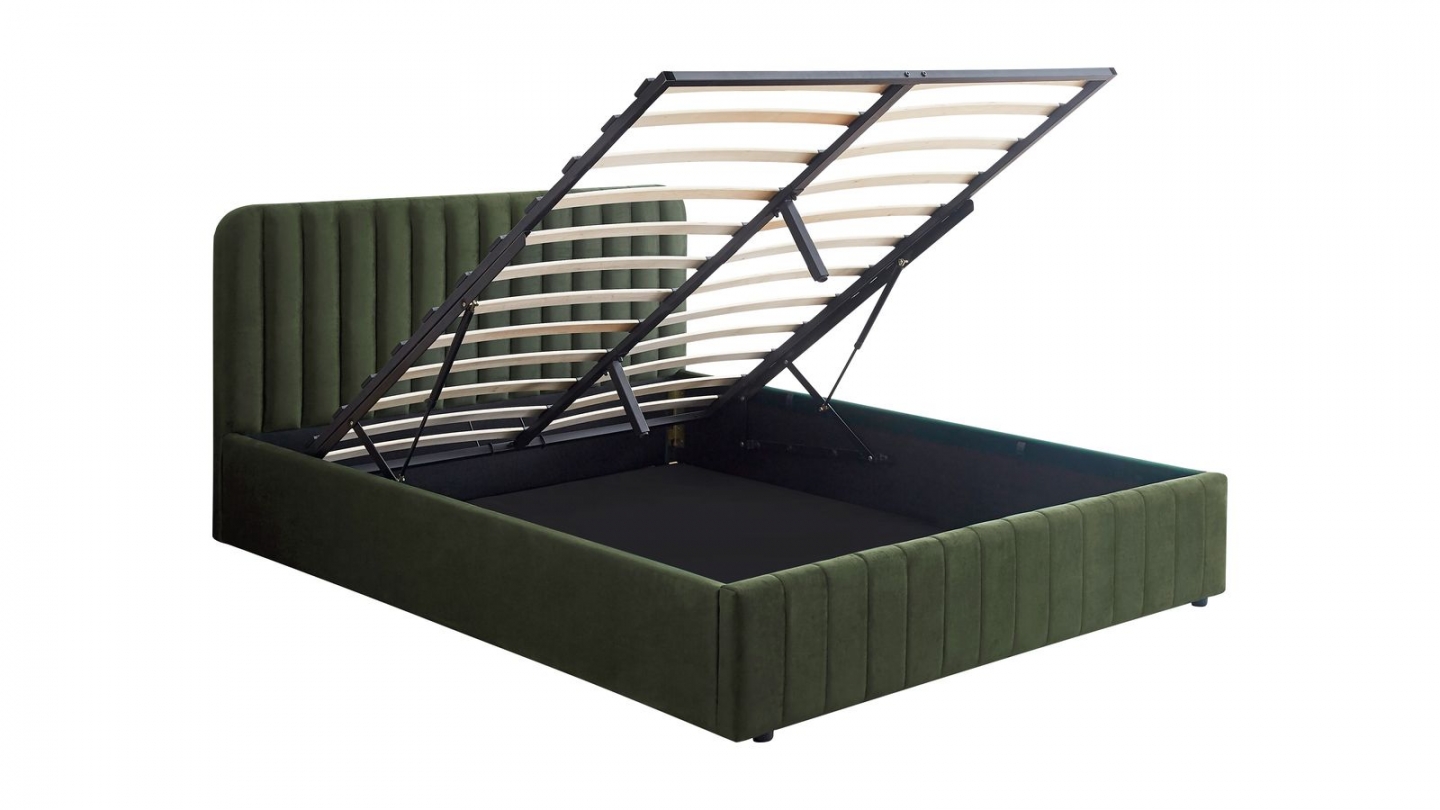 Lit coffre adulte 160x200 cm avec tête de lit capitonnée en velours vert kaki - Ava