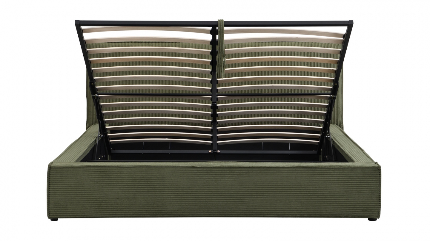 Lit coffre adulte 140x190 cm avec sommier et tête de lit matelassée en velours côtelé vert kaki - Arno
