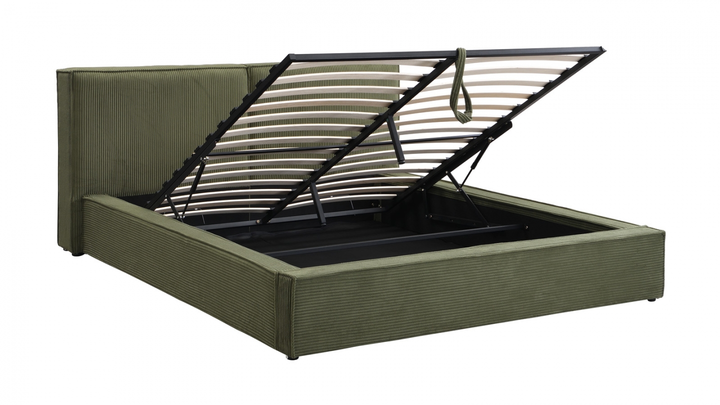 Lit coffre adulte 140x190 cm avec sommier et tête de lit matelassée en velours côtelé vert kaki - Arno