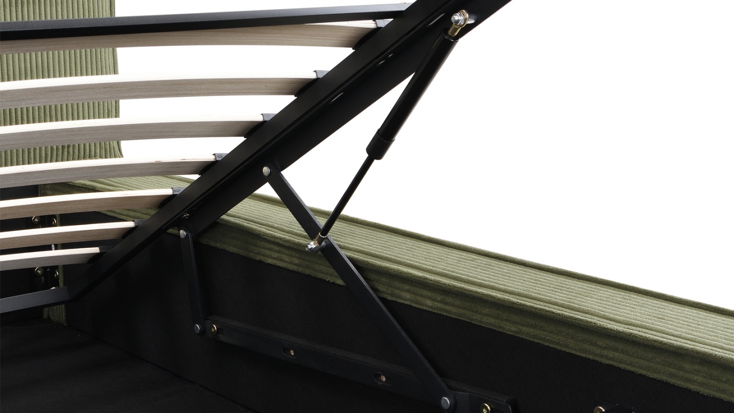 Lit coffre adulte 140x190 cm avec sommier et tête de lit matelassée en velours côtelé vert kaki - Arno