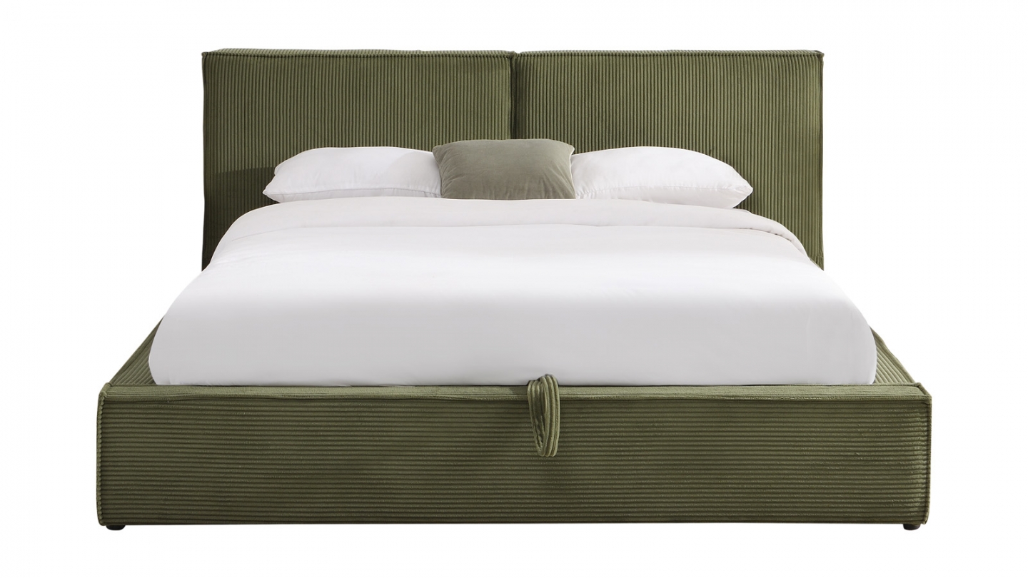 Lit coffre adulte 140x190 cm avec sommier et tête de lit matelassée en velours côtelé vert kaki - Arno