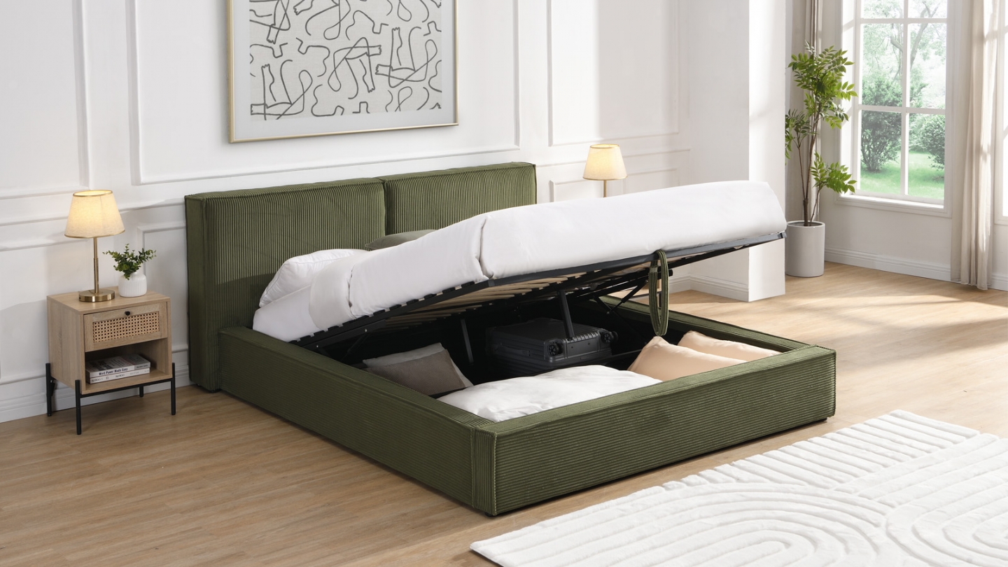 Lit coffre adulte 140x190 cm avec sommier et tête de lit matelassée en velours côtelé vert kaki - Arno