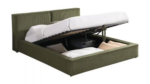 Lit coffre adulte 140x190 cm avec sommier et tête de lit matelassée en velours côtelé vert kaki - Arno