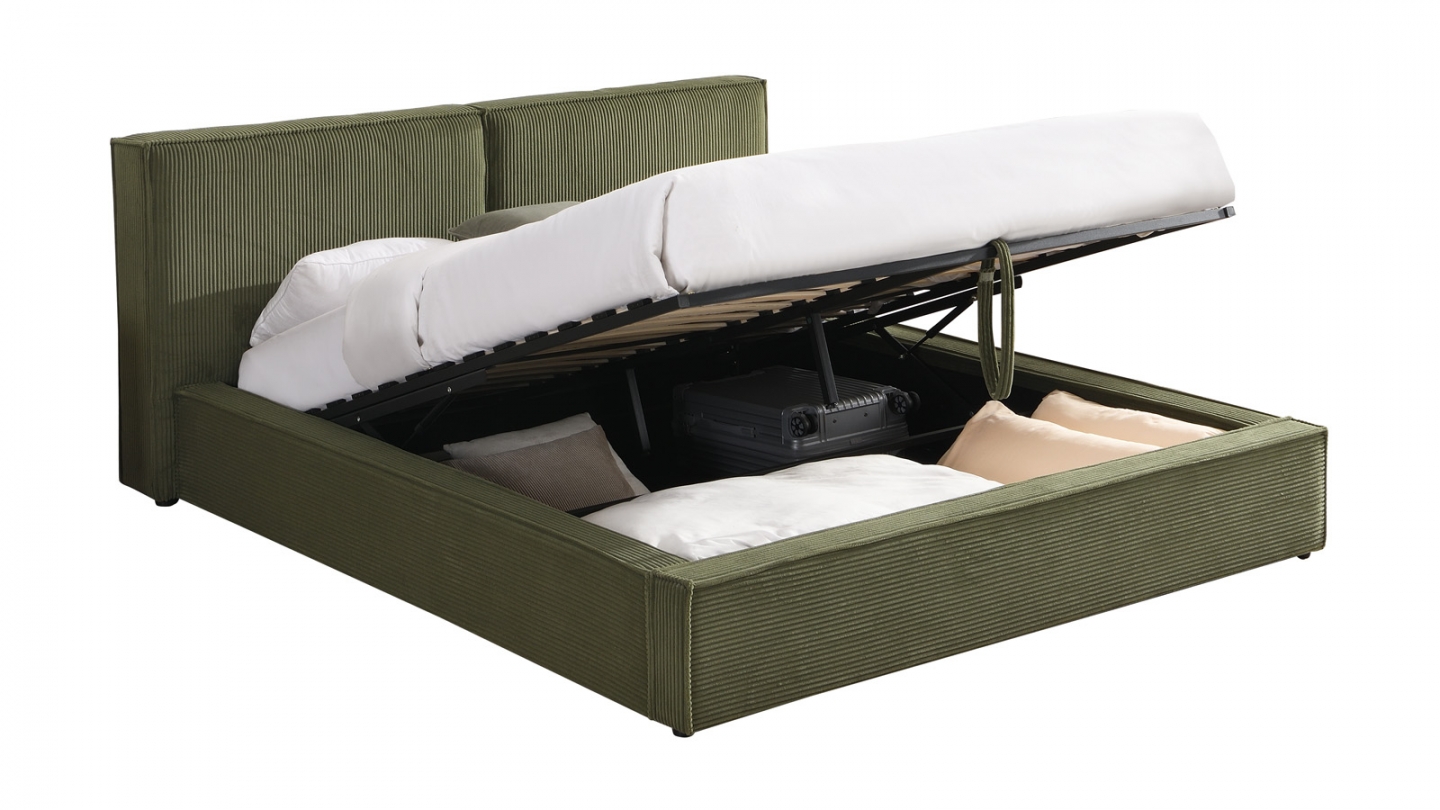 Lit coffre adulte 140x190 cm avec sommier et tête de lit matelassée en velours côtelé vert kaki - Arno