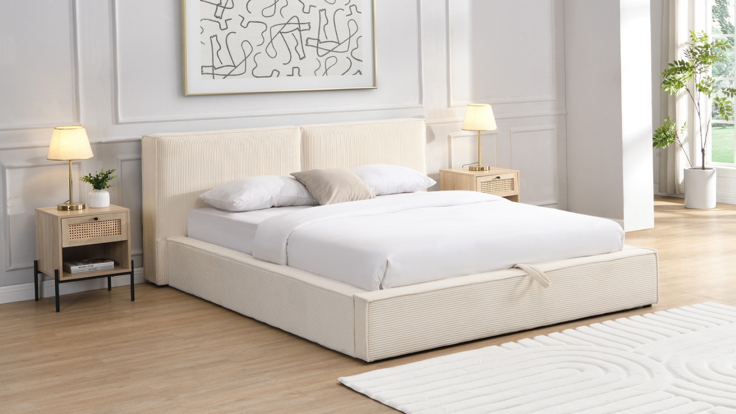 Lit coffre adulte 140x190 cm avec sommier et tête de lit matelassée en velours côtelé beige - Arno
