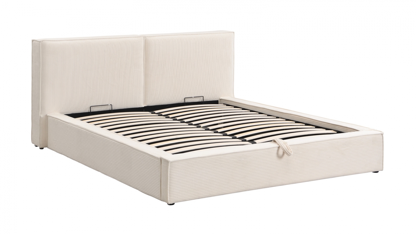 Lit coffre adulte 140x190 cm avec sommier et tête de lit matelassée en velours côtelé beige - Arno