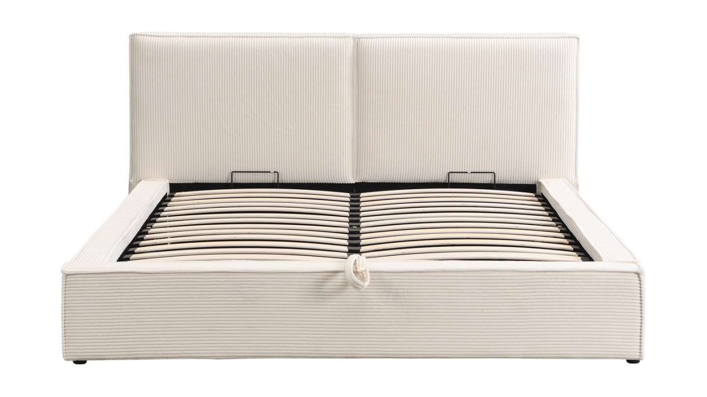 Lit coffre adulte 140x190 cm avec sommier et tête de lit matelassée en velours côtelé beige - Arno