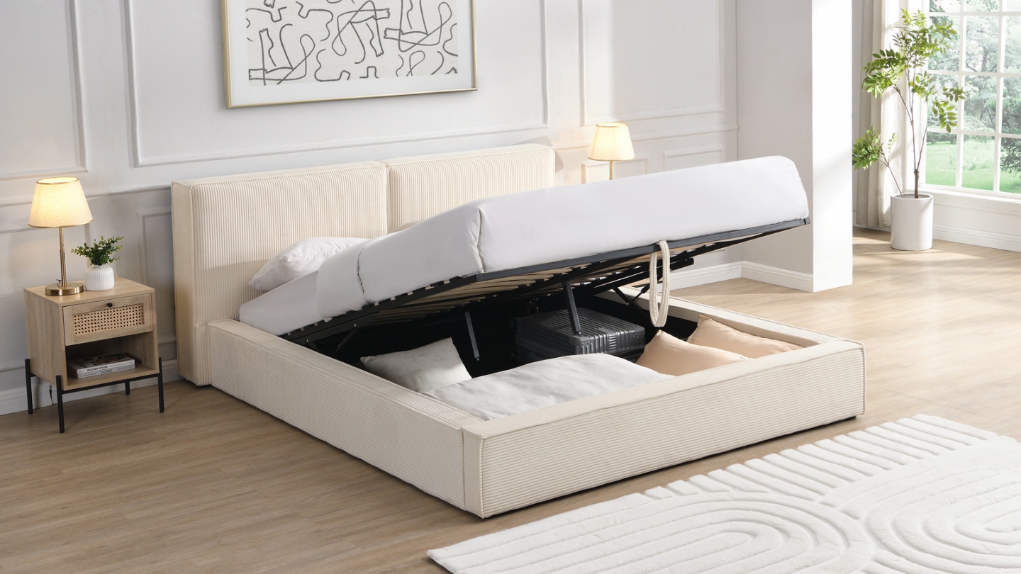 Lit coffre adulte 140x190 cm avec sommier et tête de lit matelassée en velours côtelé beige - Arno