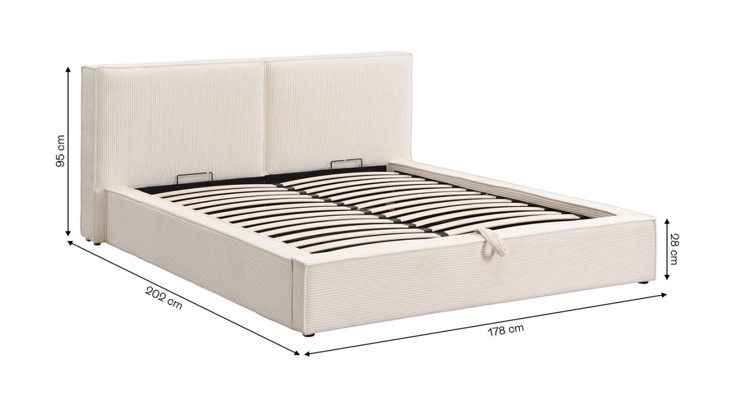 Lit coffre adulte 140x190 cm avec sommier et tête de lit matelassée en velours côtelé beige - Arno