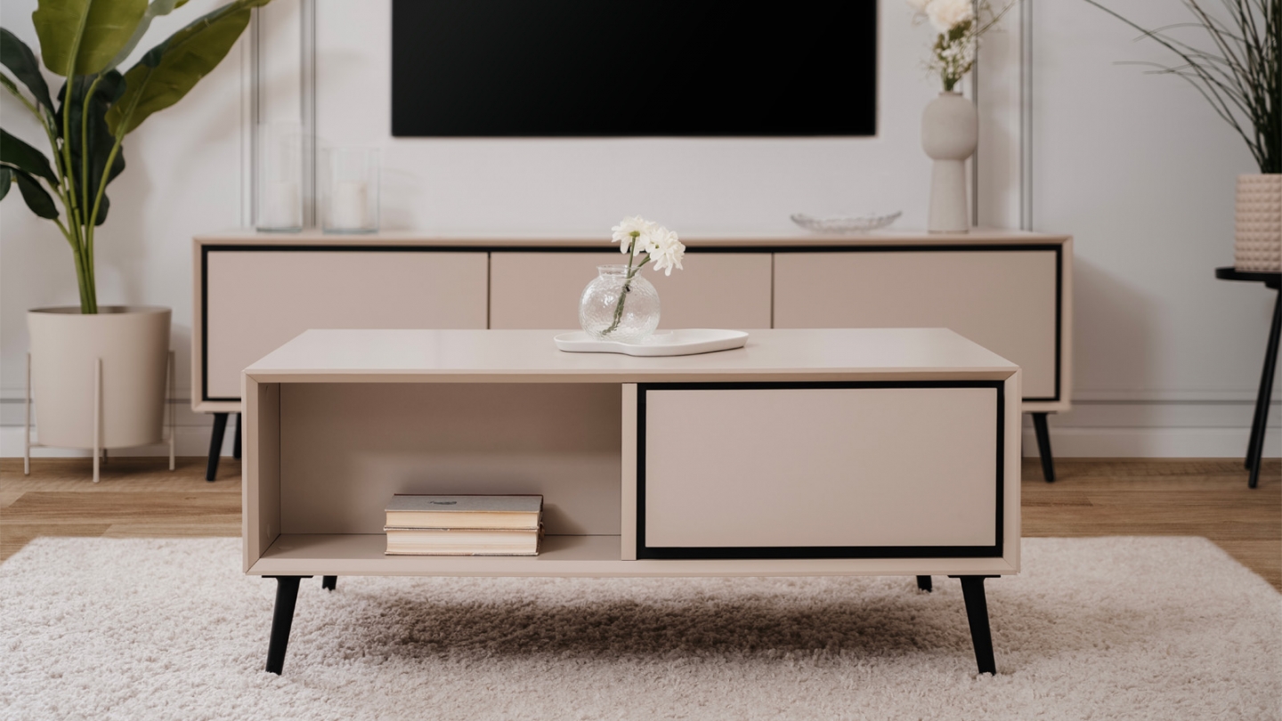 Table basse 2 tiroirs, 2 niches capuccino / noir - Aris