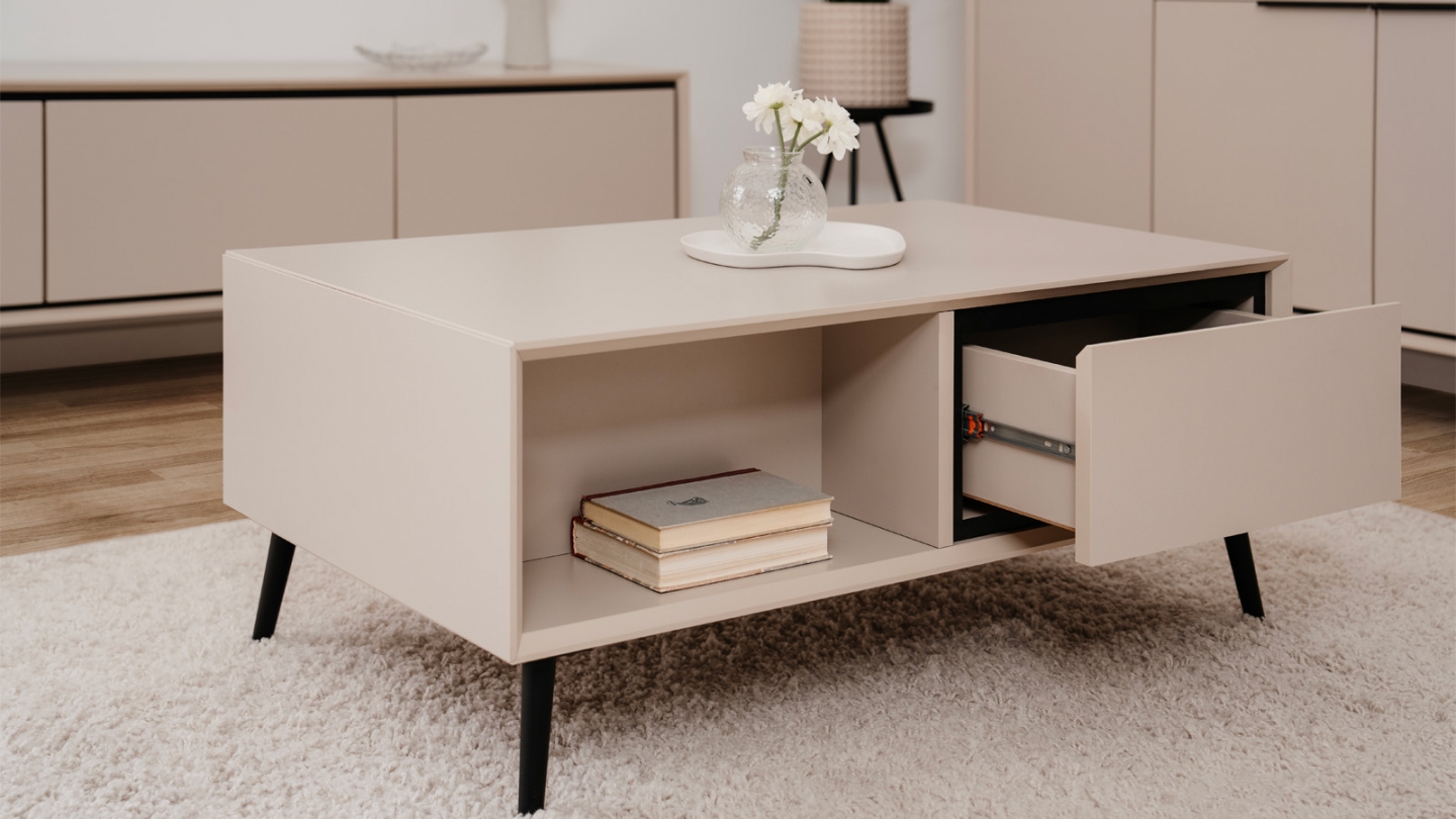 Table basse 2 tiroirs, 2 niches capuccino / noir - Aris