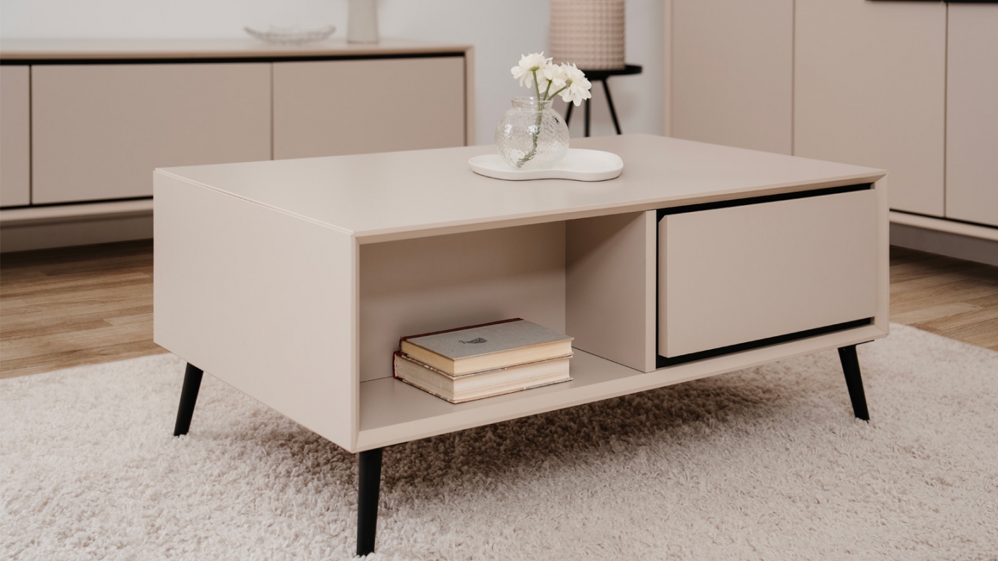 Table basse 2 tiroirs, 2 niches capuccino / noir - Aris