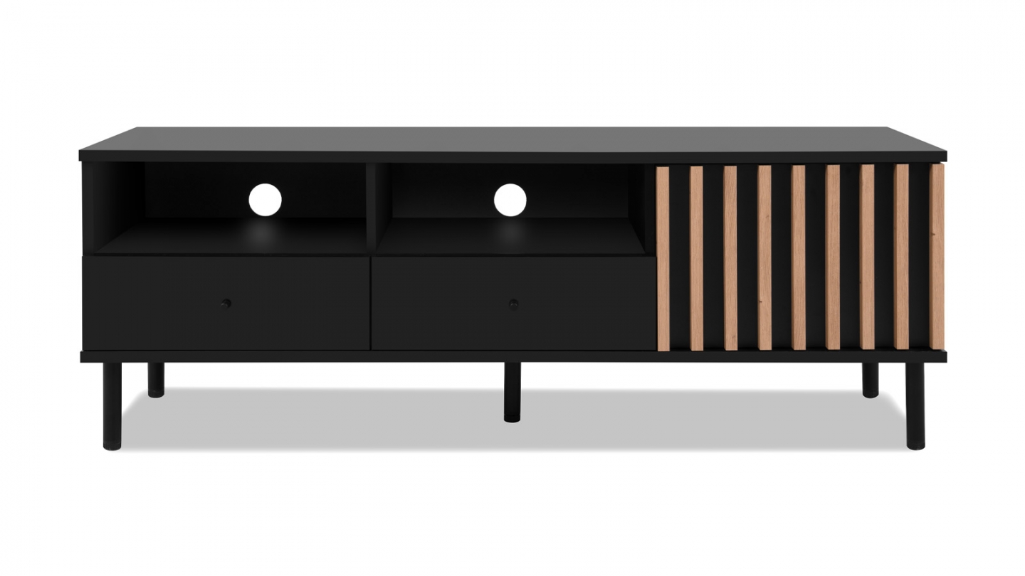 Meuble TV 1 porte, 2 tiroirs, 2 niches effet chêne - Morgan