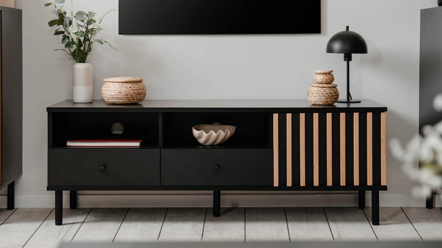 Meuble TV 1 porte, 2 tiroirs, 2 niches effet chêne - Morgan