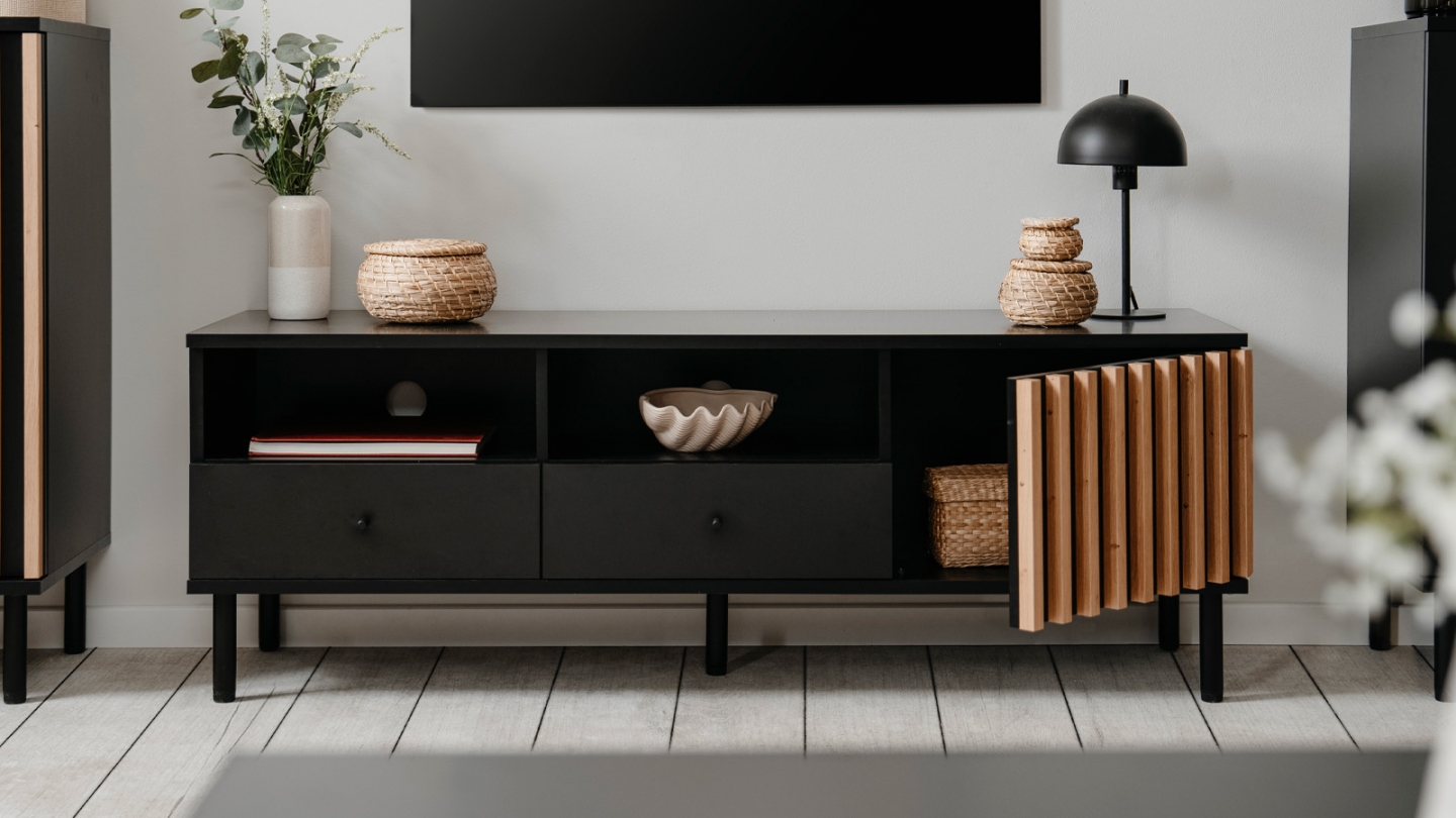 Meuble TV 1 porte, 2 tiroirs, 2 niches effet chêne - Morgan