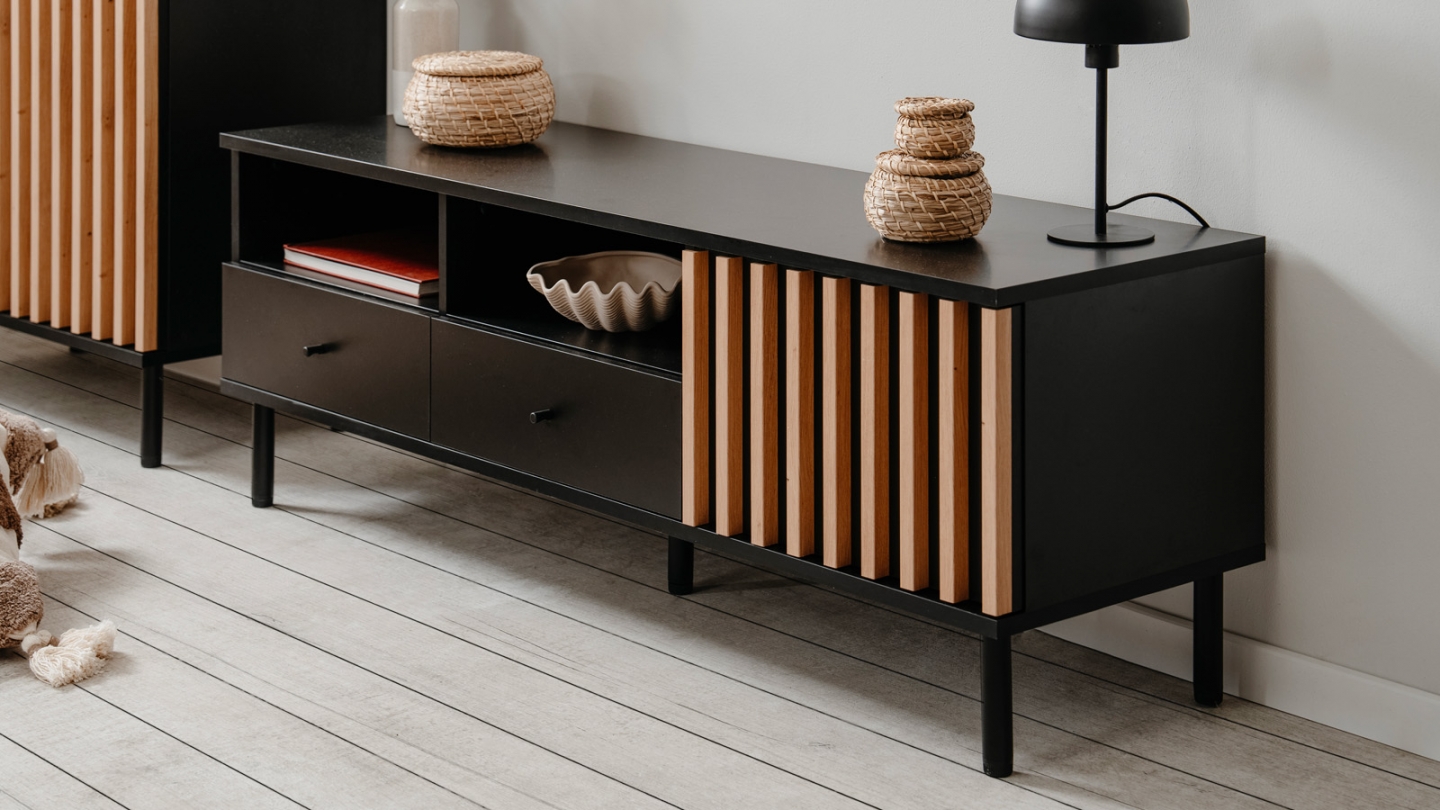 Meuble TV 1 porte, 2 tiroirs, 2 niches effet chêne - Morgan