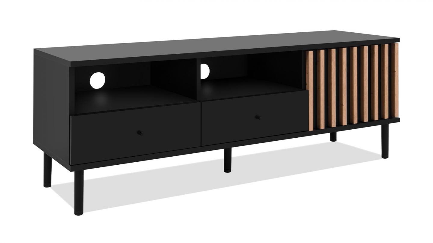 Meuble TV 1 porte, 2 tiroirs, 2 niches effet chêne - Morgan