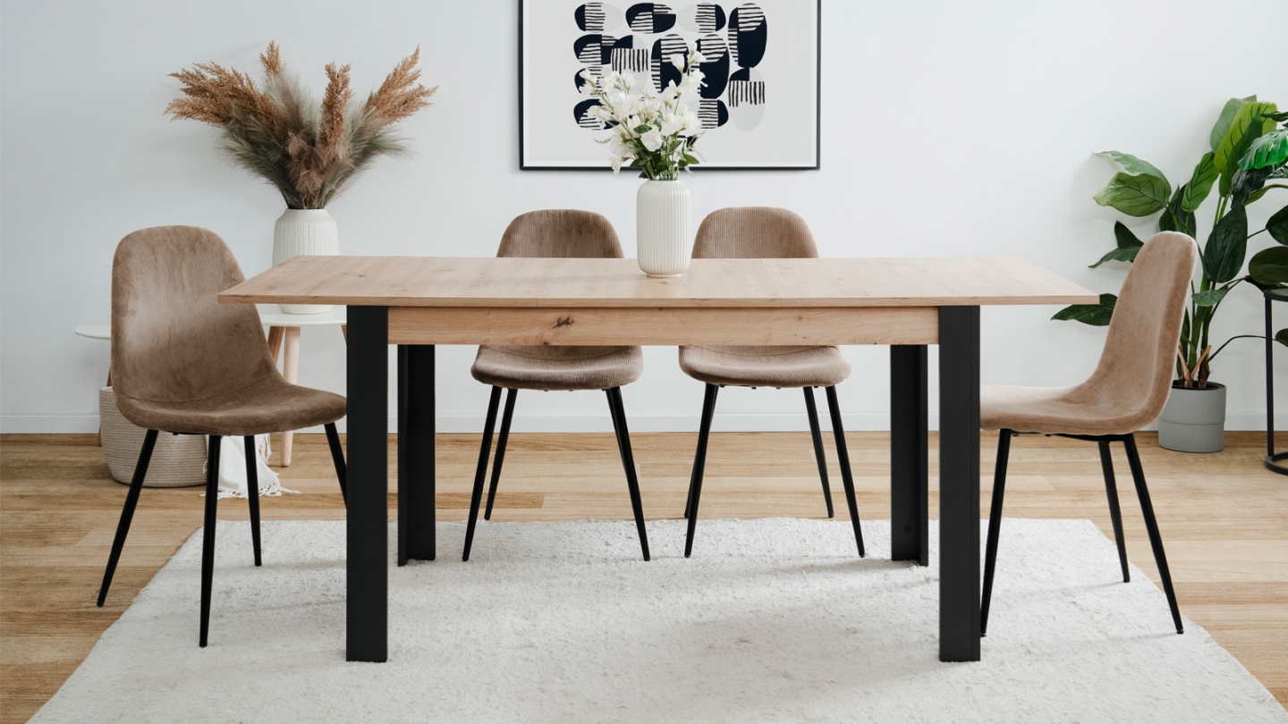 Table à manger extensible noir et effet chêne 4 à 6 personnes 100/150 cm - Ted