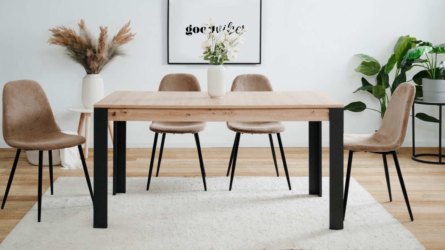 Table à manger extensible noir et effet chêne 6 à 8 personnes 150/200 cm - Ted