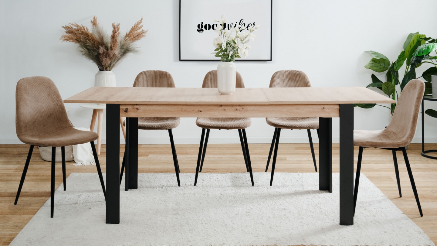 Table à manger extensible noir et effet chêne 6 à 8 personnes 150/200 cm - Ted