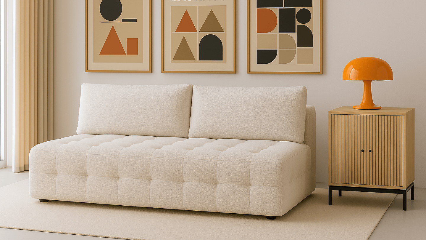 Canapé convertible 3 places avec coffre de rangement en tissu bouclé beige - Léo