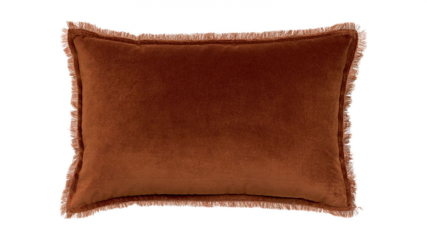 Coussin à frange en velours marron caramel 40 x 65 cm - Fara
