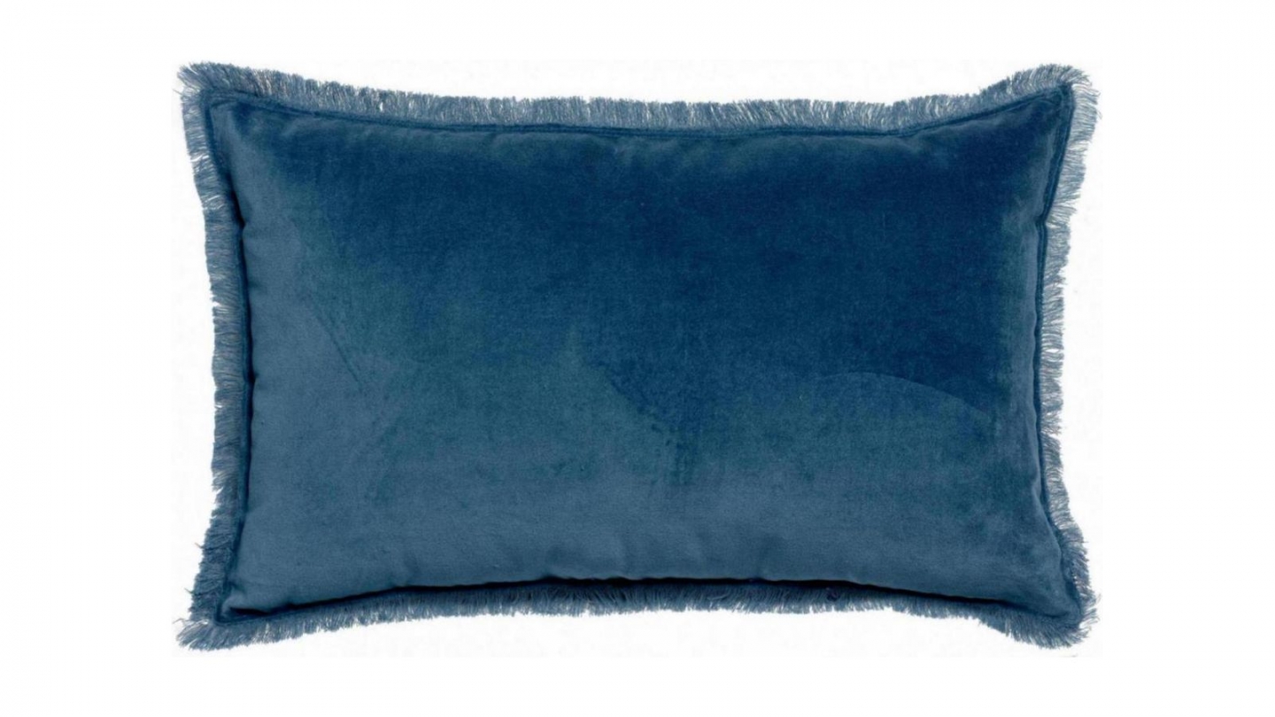 Coussin à frange en velours bleu touareg 40 x 65 cm - Fara