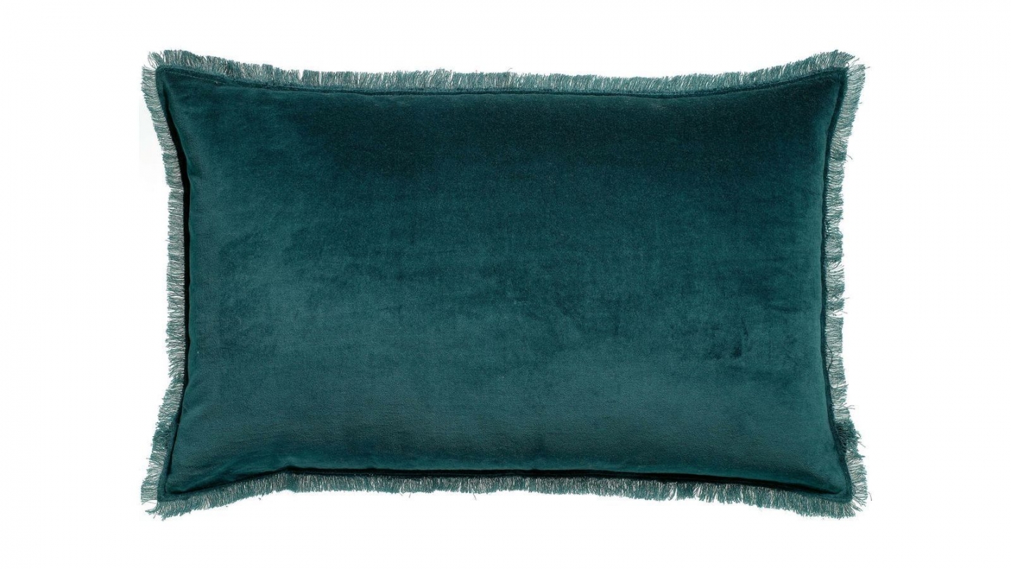 Coussin à frange en velours bleu paon 40 x 65 cm - Fara